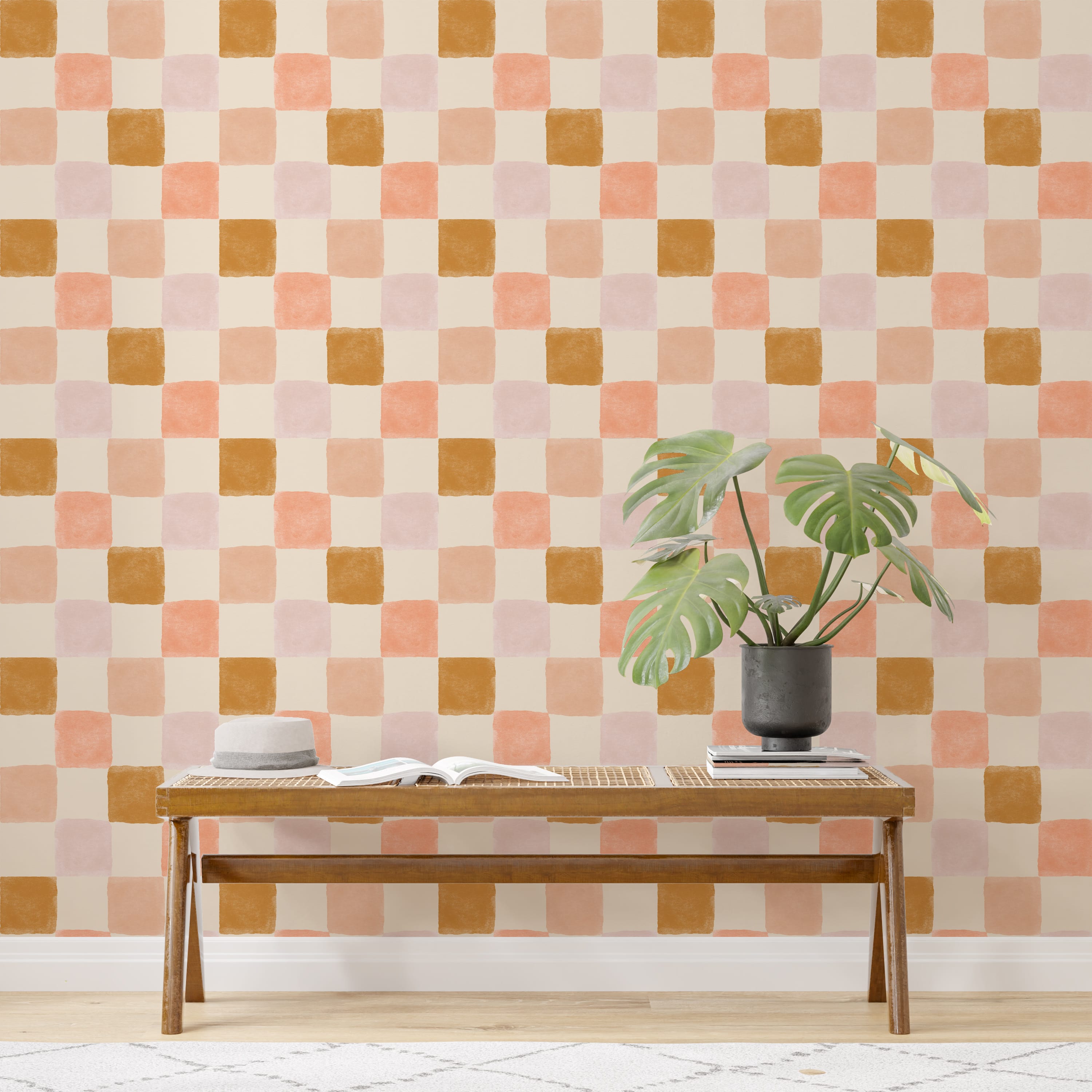 Artisan Checkered Wallpaper - Warm Terracotta and Mustard Tones