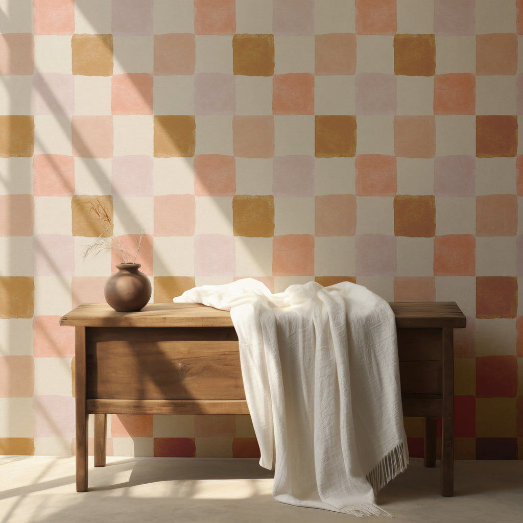 Artisan Checkered Wallpaper - Warm Terracotta and Mustard Tones