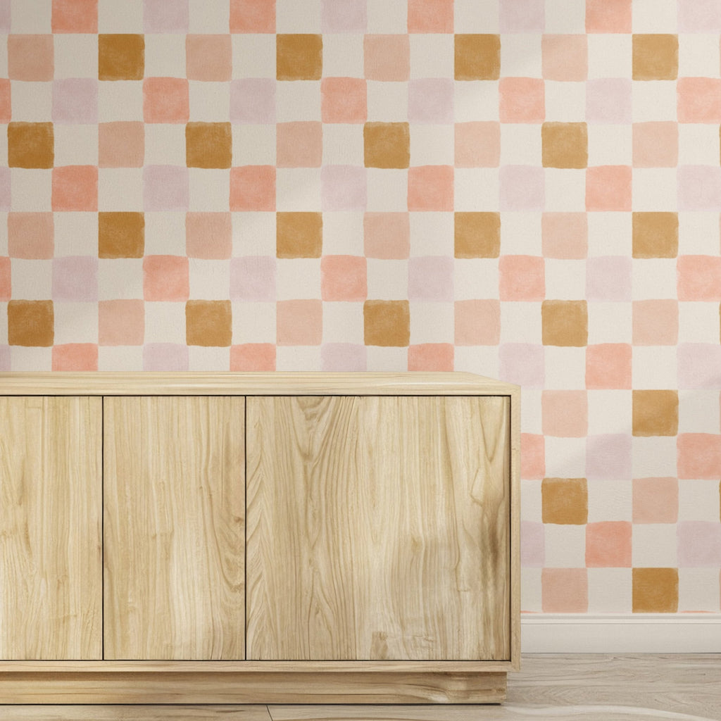 Artisan Checkered Wallpaper - Warm Terracotta and Mustard Tones